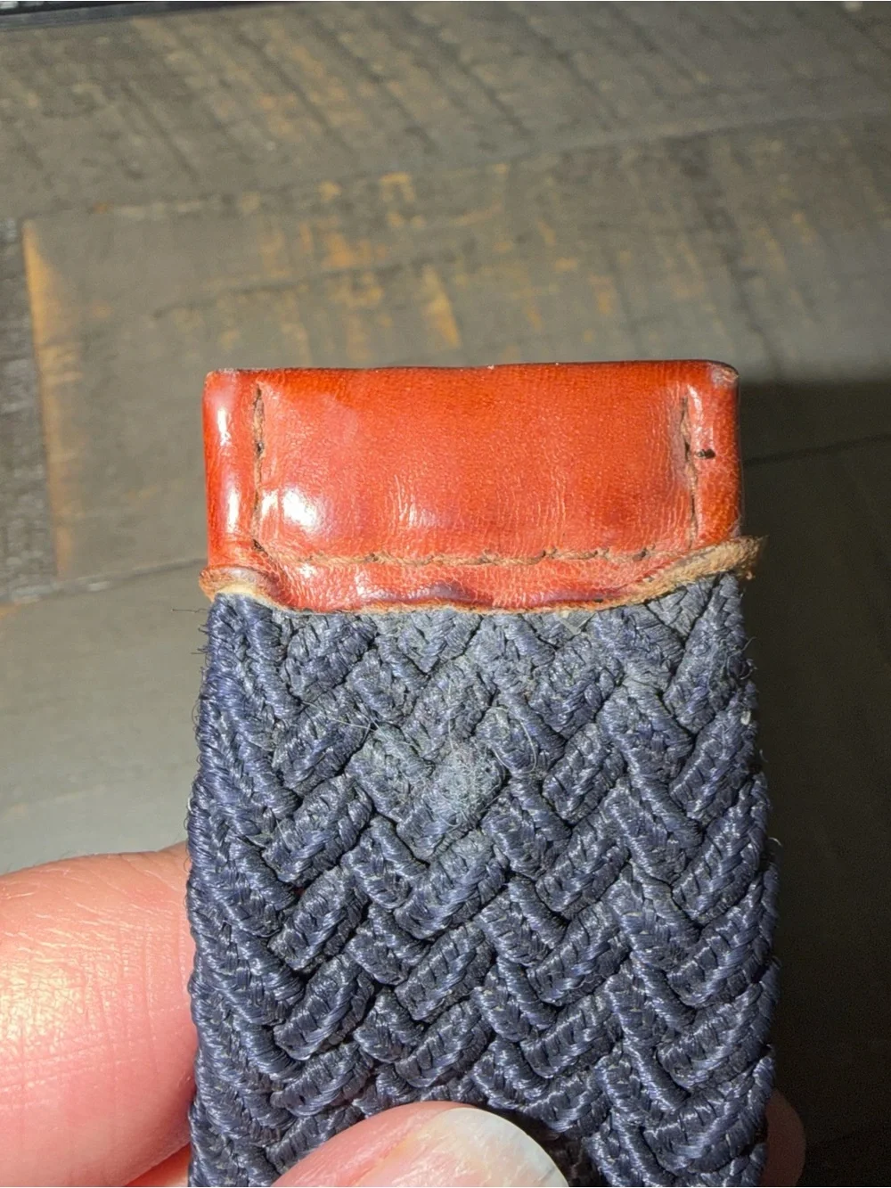 Men's original penguin 34-36 Navy Woven Belt with‎ Brown Leather Trim